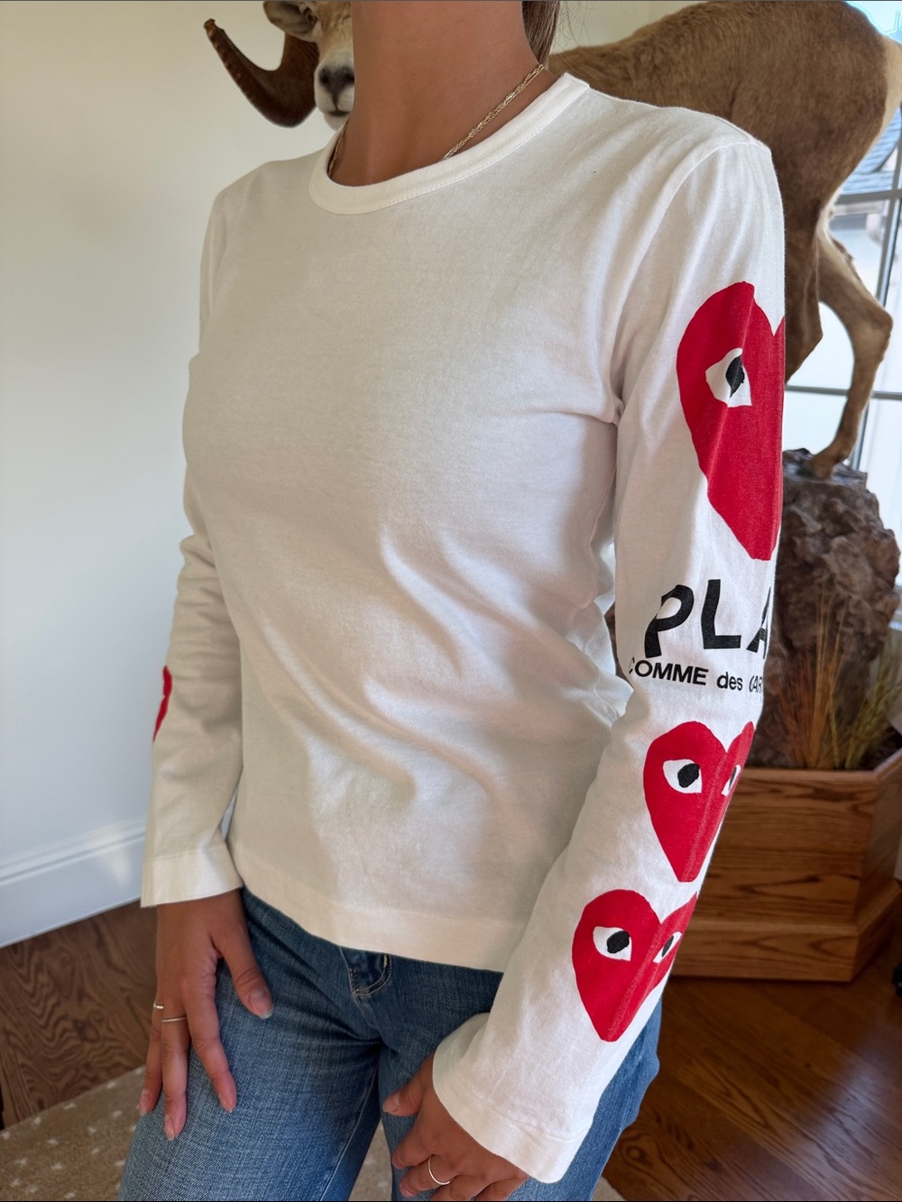 Comme des Garcons PLAY White Long-Sleeve Heart Logo Tee nwot S